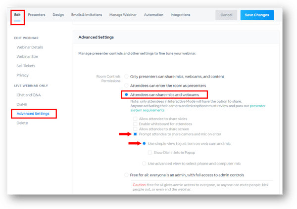 Edit Tab - Allow Attendees to Share Mic and Cam
