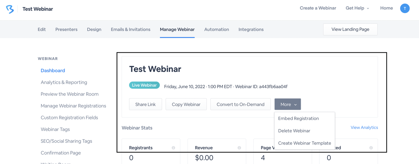 The Webinar Dashboard - Manage Webinar